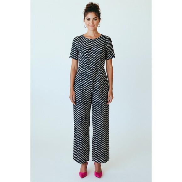 Gianni Bini Pants - Gianni Bini Geometric Chevron Jumpsuit Sz L Black White Wide Leg Mod